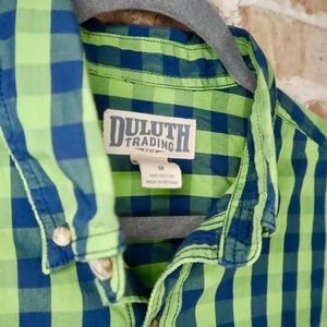 Duluth Trading Co Short Sleeve BBQ Relaxed Button Shirt Green Gingham M